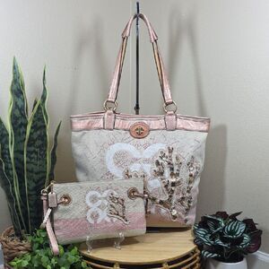 Coach Audrey Coral Canvas “Leigh” Slim Tote and Matching Wristlet